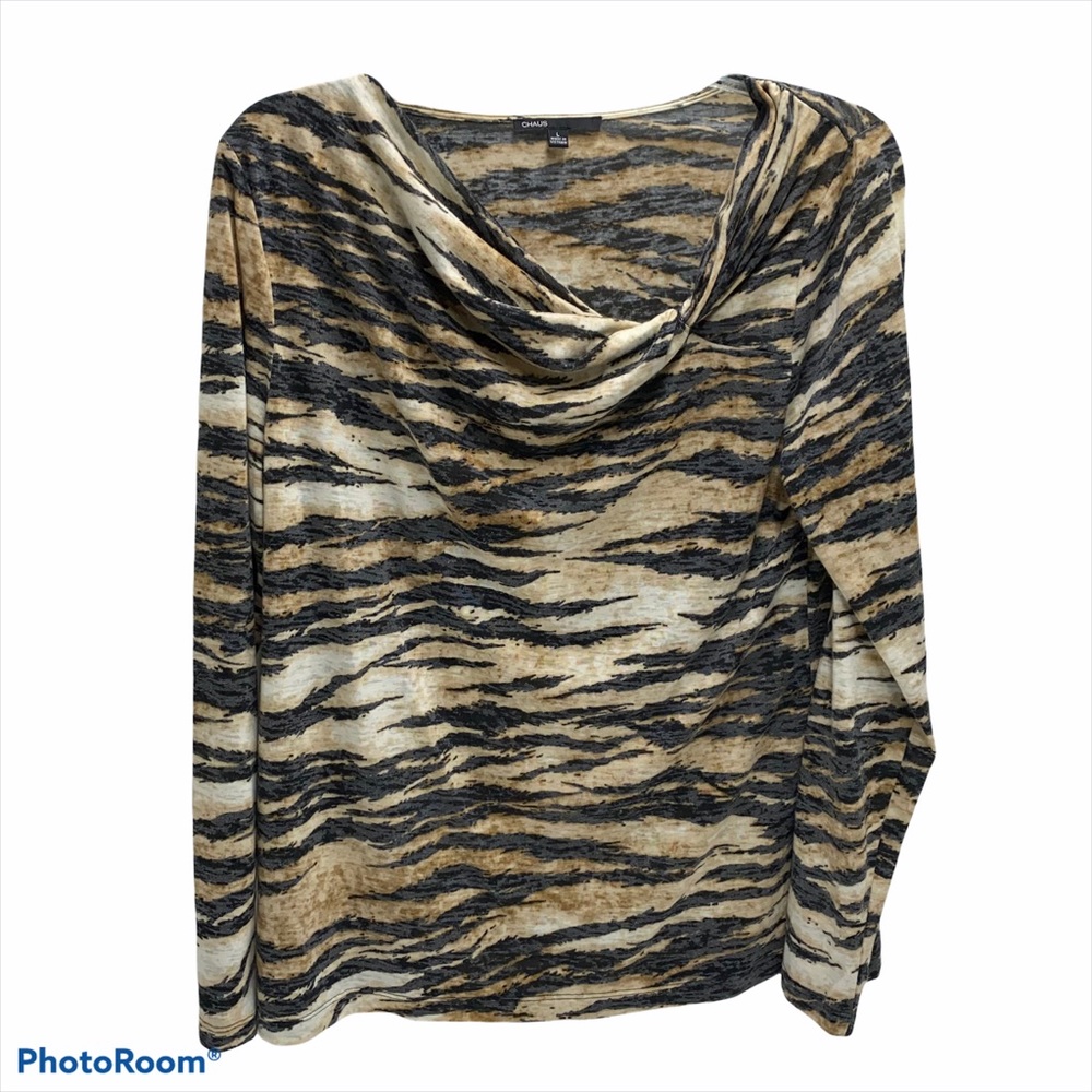 Chaus women’s tan black leopard print Large long sleeve side cowl neck pullover